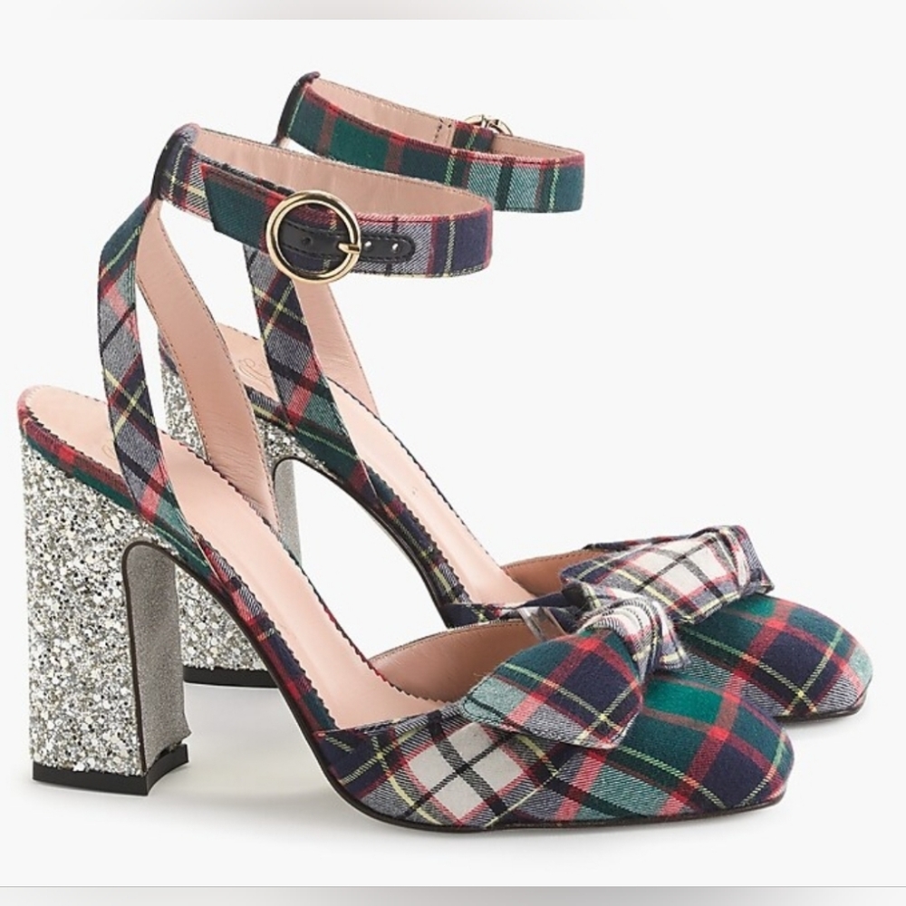 J.Crew Ankle Strap Pumps Shoes Size 8 Tartan Plaid Glitter Heels